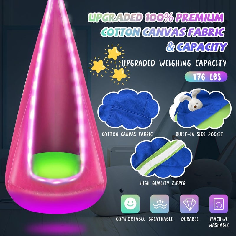 Bghdas Light Up Kids Pod Swing Seat, Hanging Hammock Chair with LED Lights, Upgraded Cotton Child Sensory Swing Seat, Sensory Swing for Autistic Kids Indoor & Outdoor Play (Pink) - Image 4